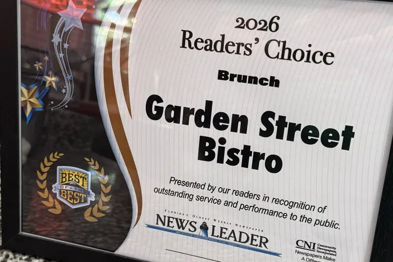 Framed 2026 Readers' Choice award for Brunch presented to Garden Street Bistro by the News-Leader